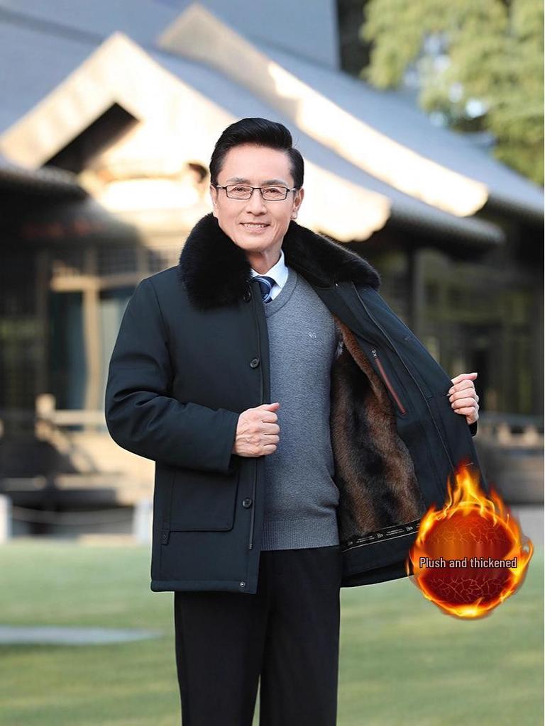 Men's Cotton Coat with Detachable Liner - Thickened Plus Velvet, Large Size Winter Jacket for Middle-Aged and Elderly.