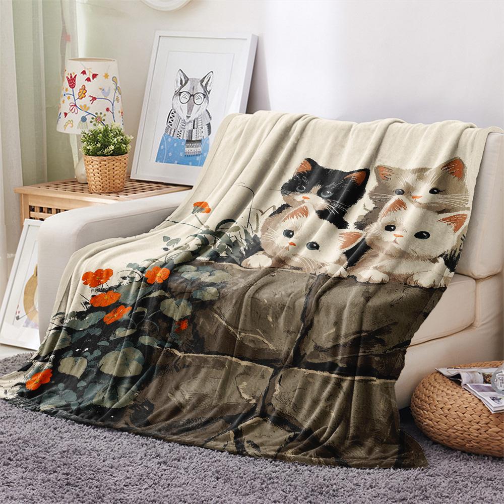 Peeking Cats Print Flannel Blanket, High quality Comfortable for All Seasons, Home Decor, Warmth and Comfort