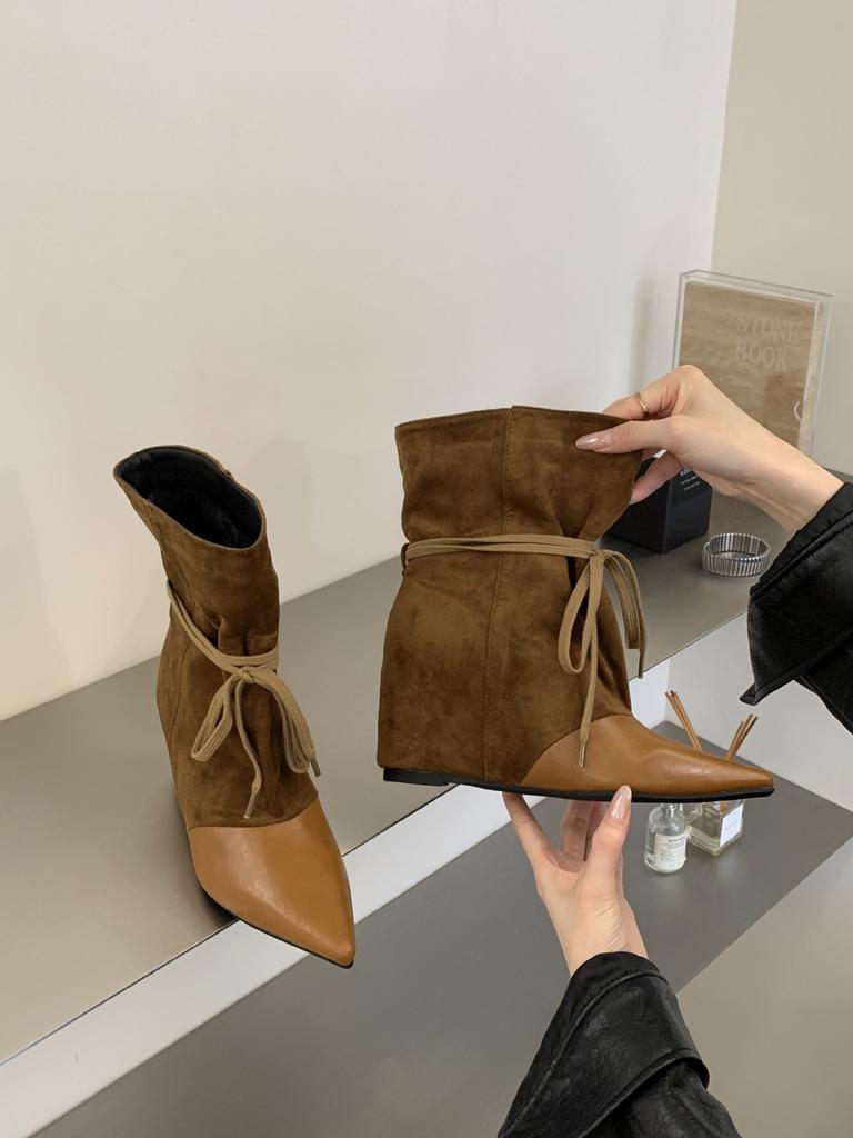 Inner height increase and thin short boots autumn and winter new simple design retro pleated stacking boots short boots