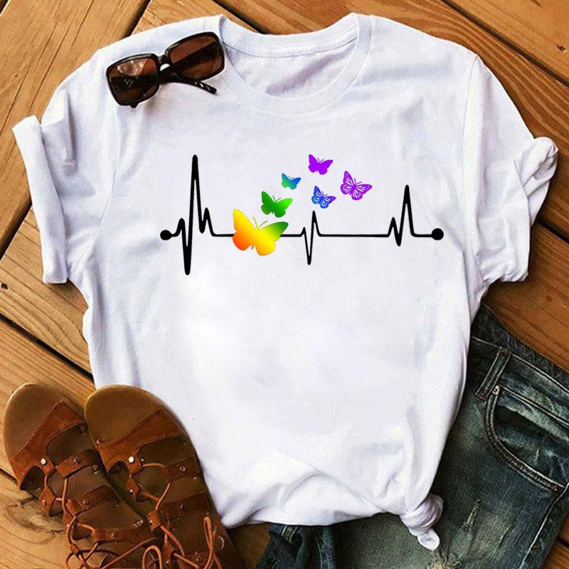 Fashionable Plus Size Color Butterfly Print Simple Base Shirt Loose Fitting Clothes Pure Cotton T-Shirts Women’s