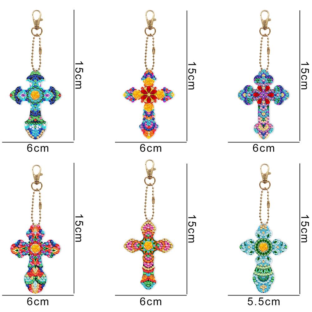 6pcs Cross Gem Keychains Diamond Mosaic Kit DIY Special Shaped Drill Keychains Rhinestone Pendant Double Sided Lady Bag Pendant