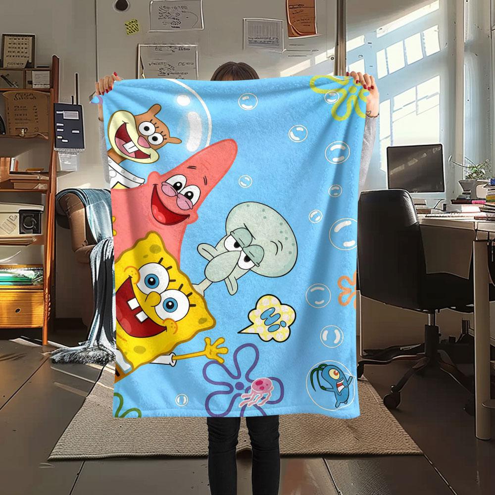 SpongeBob Cartoon Printed Flannel Blanket, soft throw for bedroom sofa, washable, Christmas present, great gift.