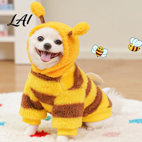 Dog Hoodie with Wings Cute Bee Hoodie Plush Hooded Pet Outfit 3D Antennae And Wings Cozy Striped Costume for Small Dogs Pullover