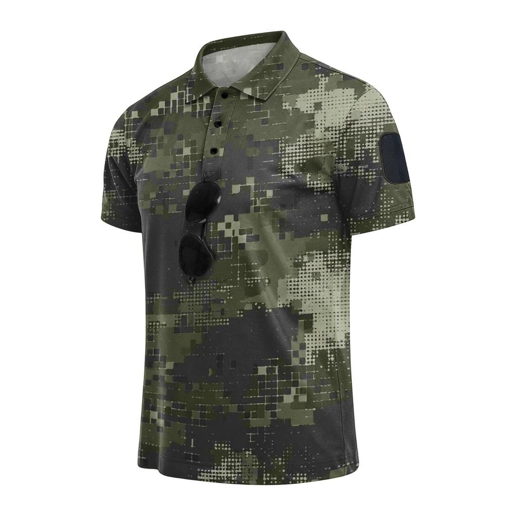Men Tactical Polo Shirt with Hook and Loop Patch Short Sleeve Digital Print Turn Down Collar Loose Fit Outdoor Quick Dry Top