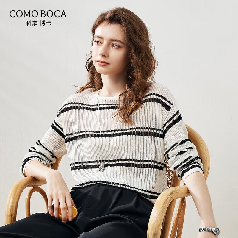 Women's Round Neck Striped Linen Blend Long Sleeve Loose Fit Top