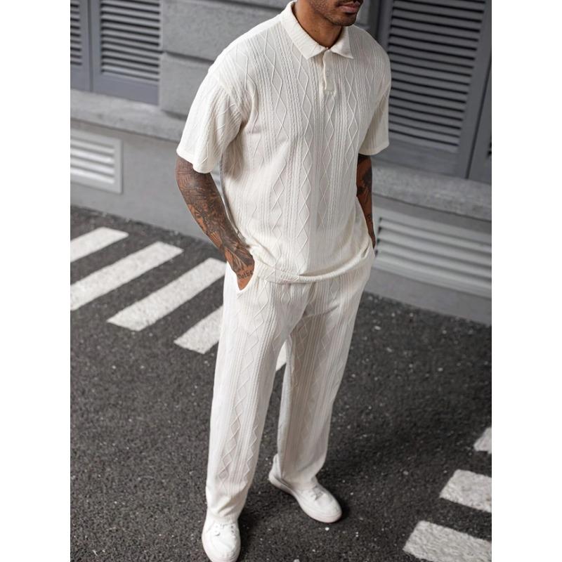 Mens Casual Short Sleeve Jacquard Knit Polo Shirt And Long Pants Two Piece Set S
