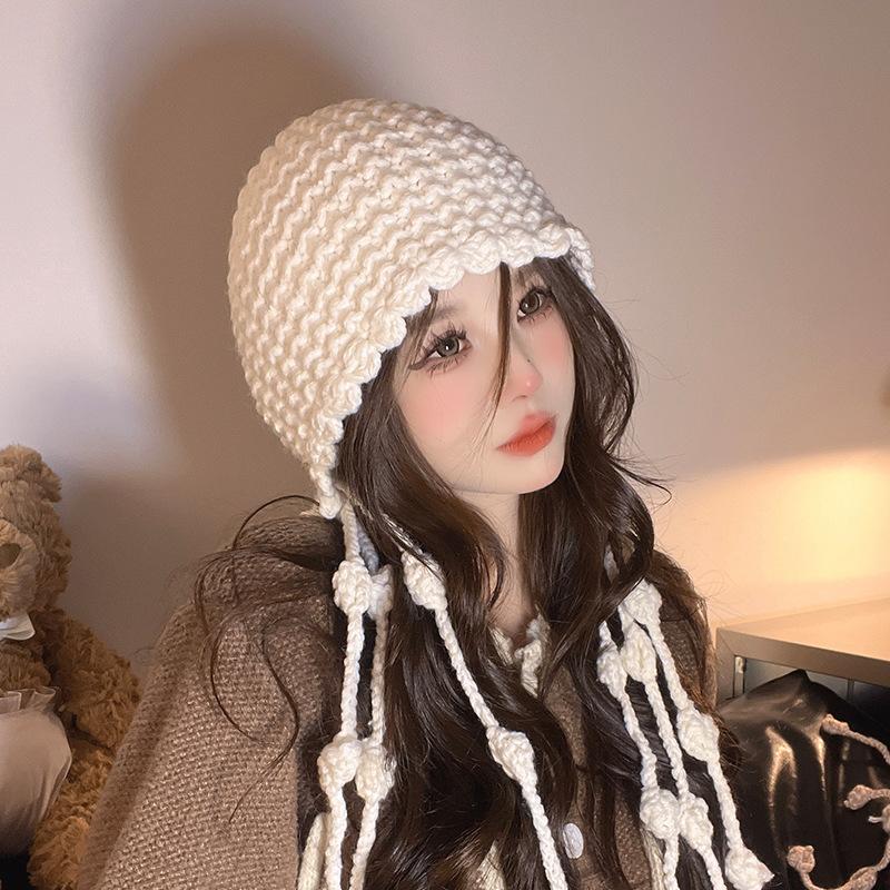New Autumn and Winter Wool Hat Braid Tassel Pullover Hat for Women Outdoor Travel Warm Ear Protection Cute Knitted Hat