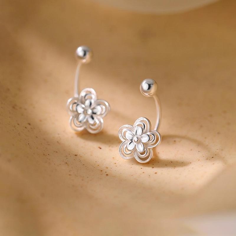 Real 925 Silver Lace Flower Bead Screw Stud Earrings For Women Party Classic Fine Jewelry Light Accessories