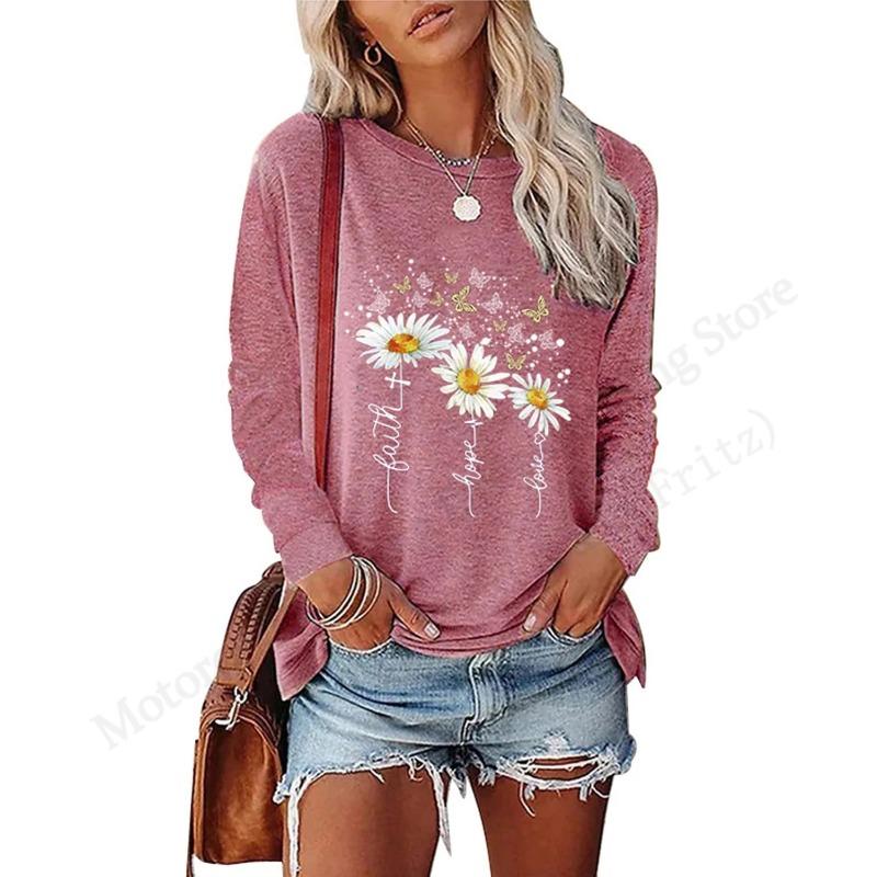 Spring and Autumn Round Neck Small Daisy Flower Pattern 3D Printed Top Fashionable Casual Long Sleeved Women's T-shirts