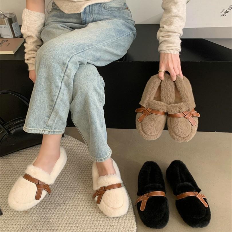 Soft-soled plush round-headed fluffy shoes for women's autumn and winter new models, wear gentle Internet celebrities, pedal Doudou shoes, keep warm