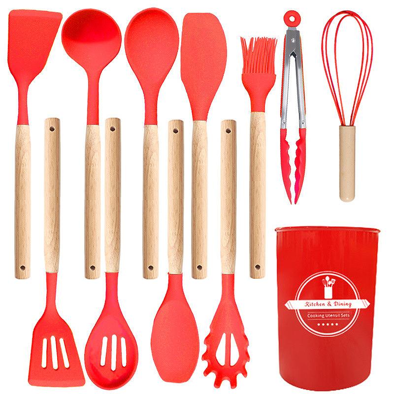 12 Pcs Wooden Handle Kitchen Utensil Set With Heat Resistant Silicone Non-Scratch And Bpa Free
