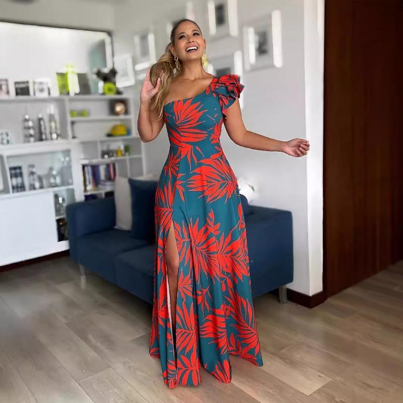 Women s Tropical Leaf Print One Shoulder Ruffle High Slit Maxi Dress S