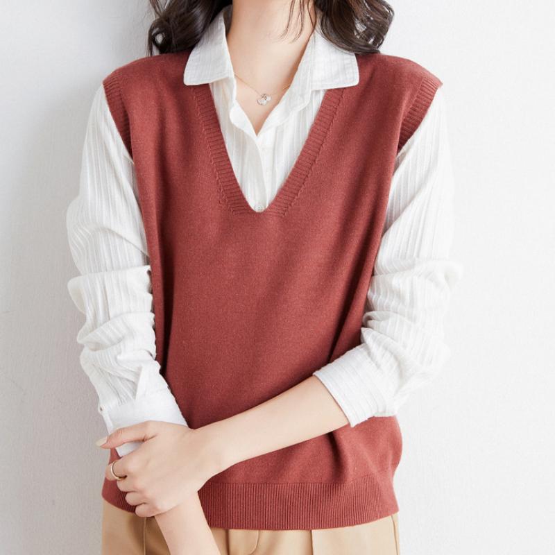 IHUASU Women's Autumn and Winter Loose V-neck Knitted Waistcoat Solid Colour Short Section Sleeve Head Sleeveless Outer Shoulders Vest