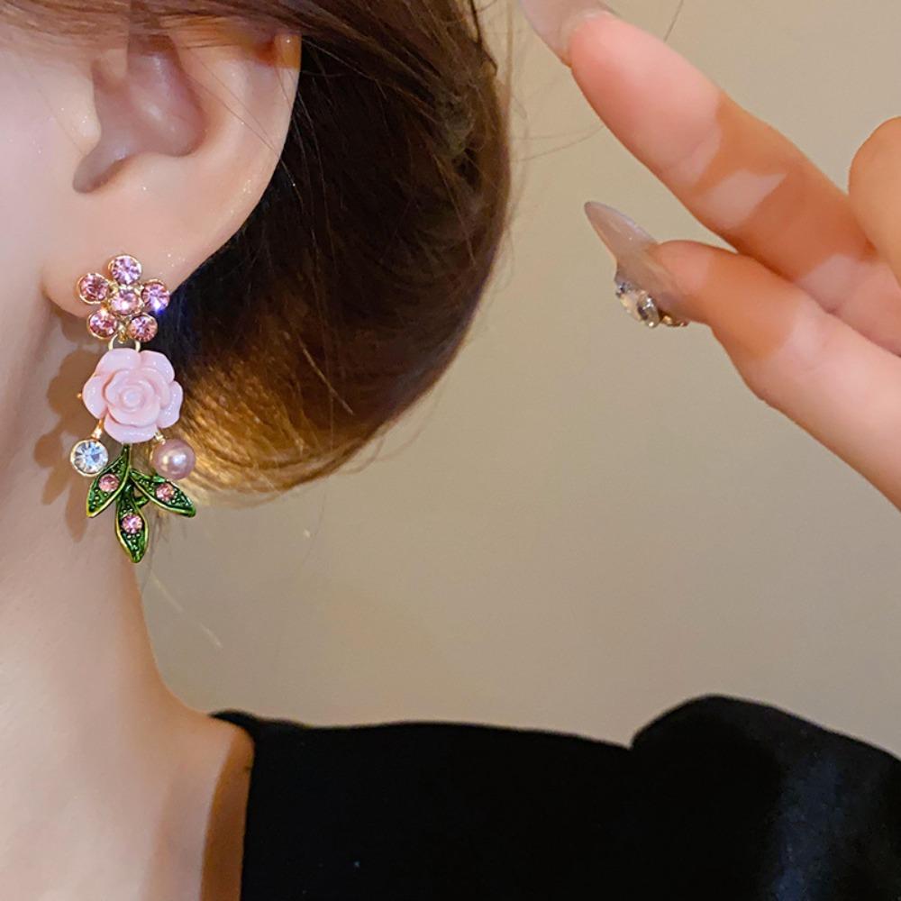 Pearl Rose Flower Necklace Rhinestone Women Jewelry Temperament Stud Earrings  Vacation