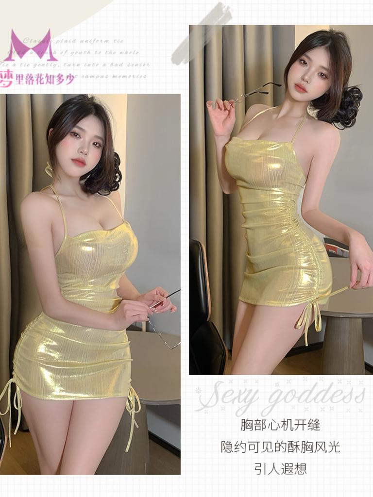 Vestito da Notte Sexy Caldo Ragazza Oro Lucido Elegante Donna Uniforme Calda Pigiama Moda Slim Donna Vestito Coreano Dolce Lih7