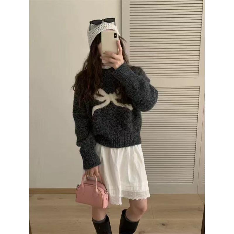 

Весенне-осенний новый вязаный свитер, милый свитер-пуловер с круглым вырезом и бантом, свободный короткий вязаный свитер-топ One size темно-серого