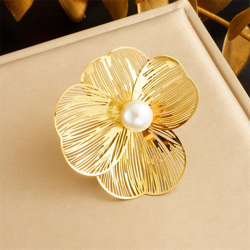 DIEYURO 316L Stainless Steel Gold Colour Radiant Pearl Flower Rhombus Ring For Women Fashion New Finger Ring Jewelry Gift Party