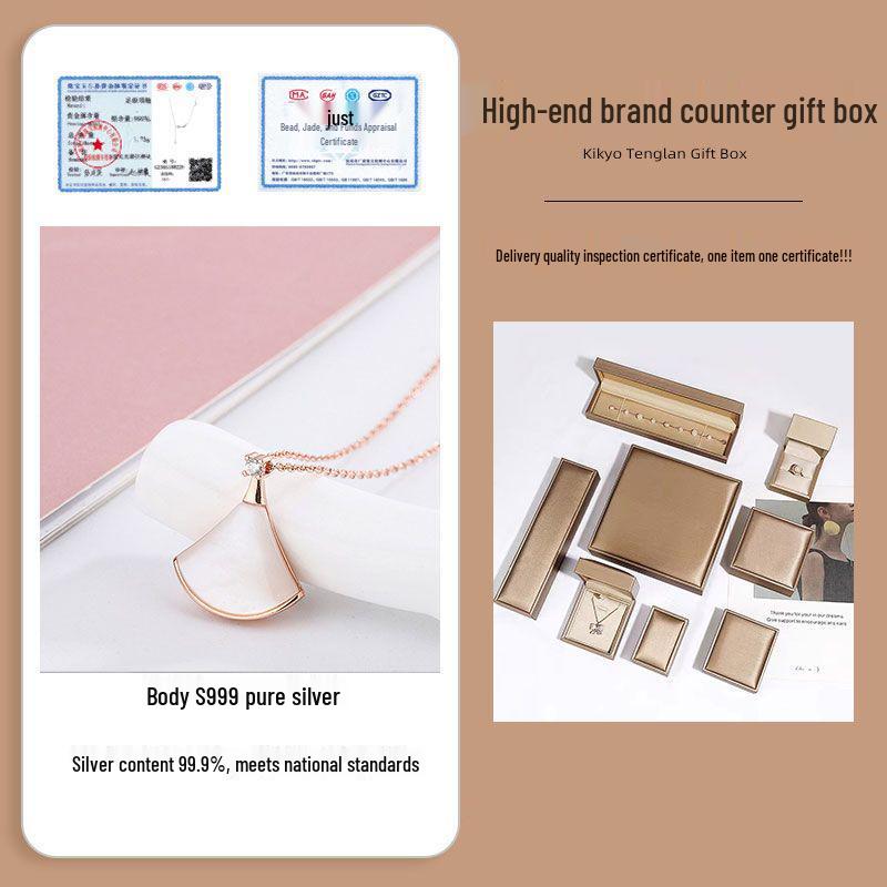 

Elegant Sterling Silver Mother-of-Pearl Fan Necklace: High-End Clavicle Chain Gift for Women, Birthday, Friend, Girlfriend. Brand Gift Box