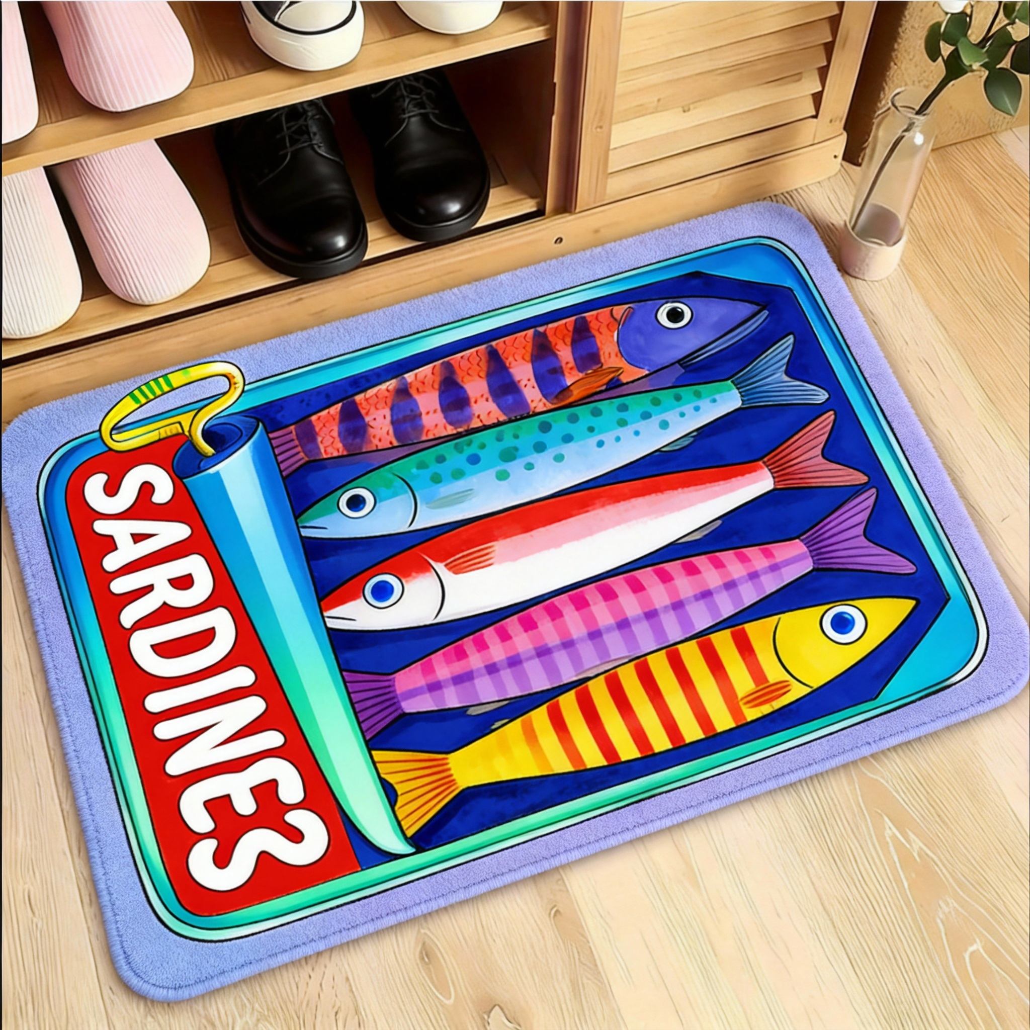Sardineblik Deurmat Handgeschilderd Visontwerp met  SARDINES  Tekst, Speelse Keukenthema Vloermat voor Entree en Woonkamer 40x60cm16x24in