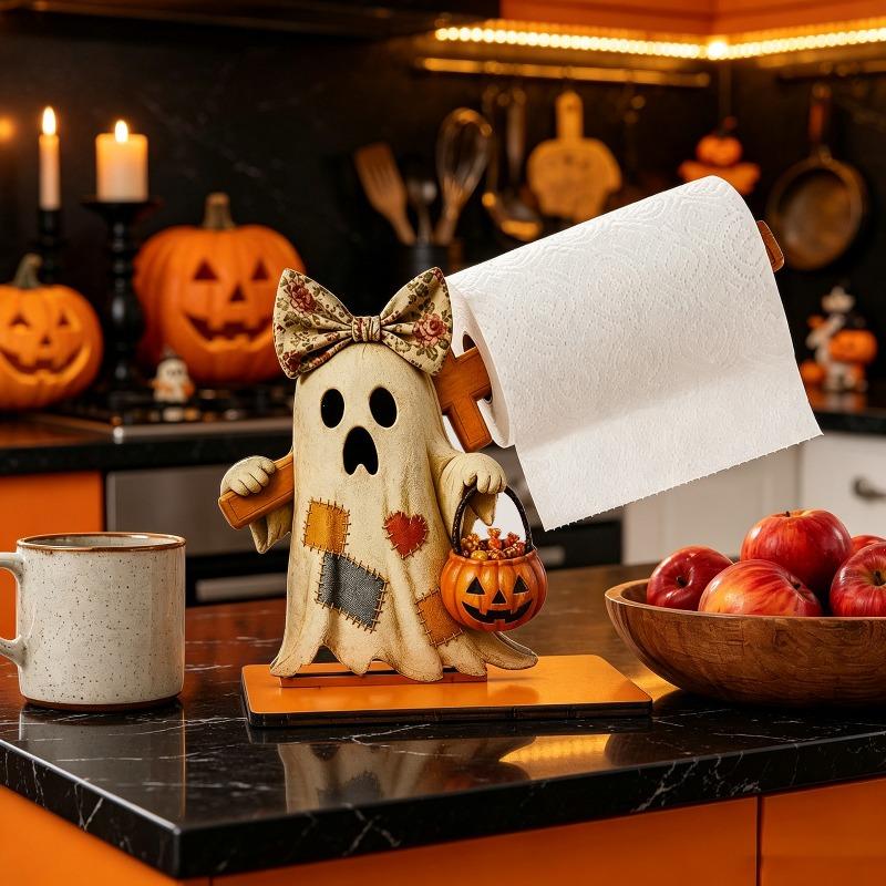 Halloween Patch Ghost Wooden Roll Paper Shelf Home Outdoor Dining Table Creative Decorative Item Paper Towel Rack