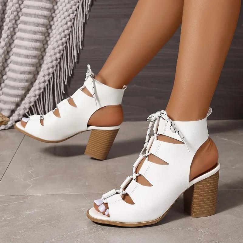 Ladies Shoes 2024 High Quality Lace-up Women's Boots Fashion Peep Toe Office and Career Summer Solid Heeled Sandals Bootszapatos
