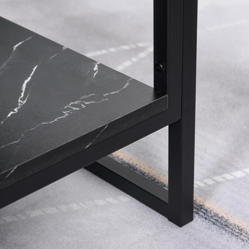 Tavolino da caffè, Tavolino centrale a due livelli effetto marmo finto con struttura in metallo e ripiano portaoggetti per soggiorno, 106 x 50 x 45 cm, Nero