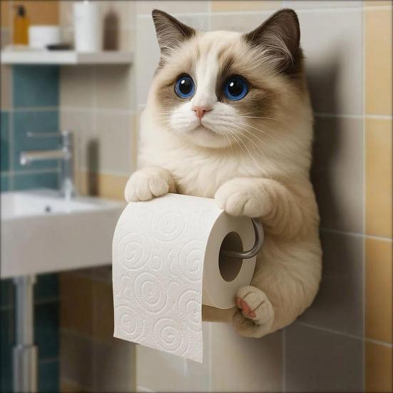 Cat Toilet Paper Holder, Wall-Mounted Toilet Roll Organizer, Bathroom Kitchen Loo Roll Storage for Cat Lovers Housewarming Gift