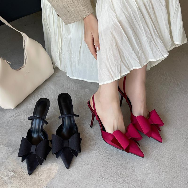 Fashion SUOJIALUN 2025 Summer New Brand Women Slipper Fashion Big Bow-knot Slip On Mules Sandal Shoes Thin High Heel Outdoor Dress Pumps