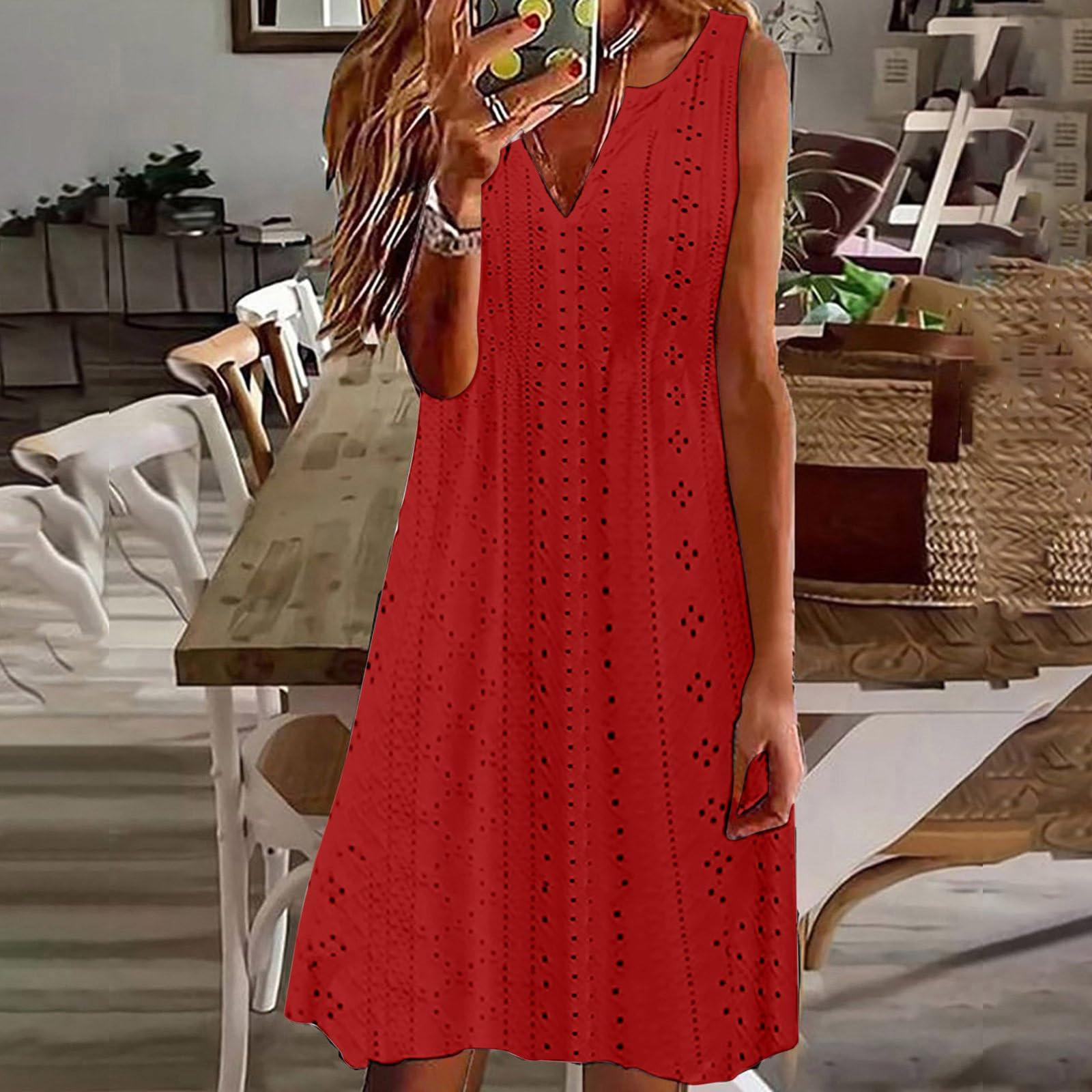 

Жіночі модні сукні вільного кольору з V-подібним вирізом та безрукавками S червоний