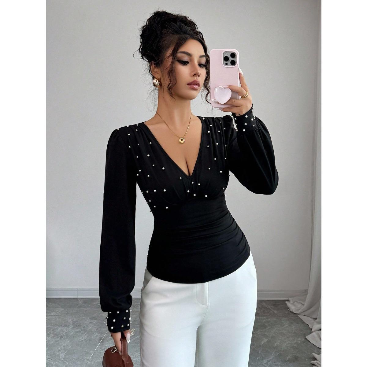 Women s V Neck Long Sleeve Pearl Beaded Slim Fit Elegant Ruched Lantern Sleeve Knit Top Tee S