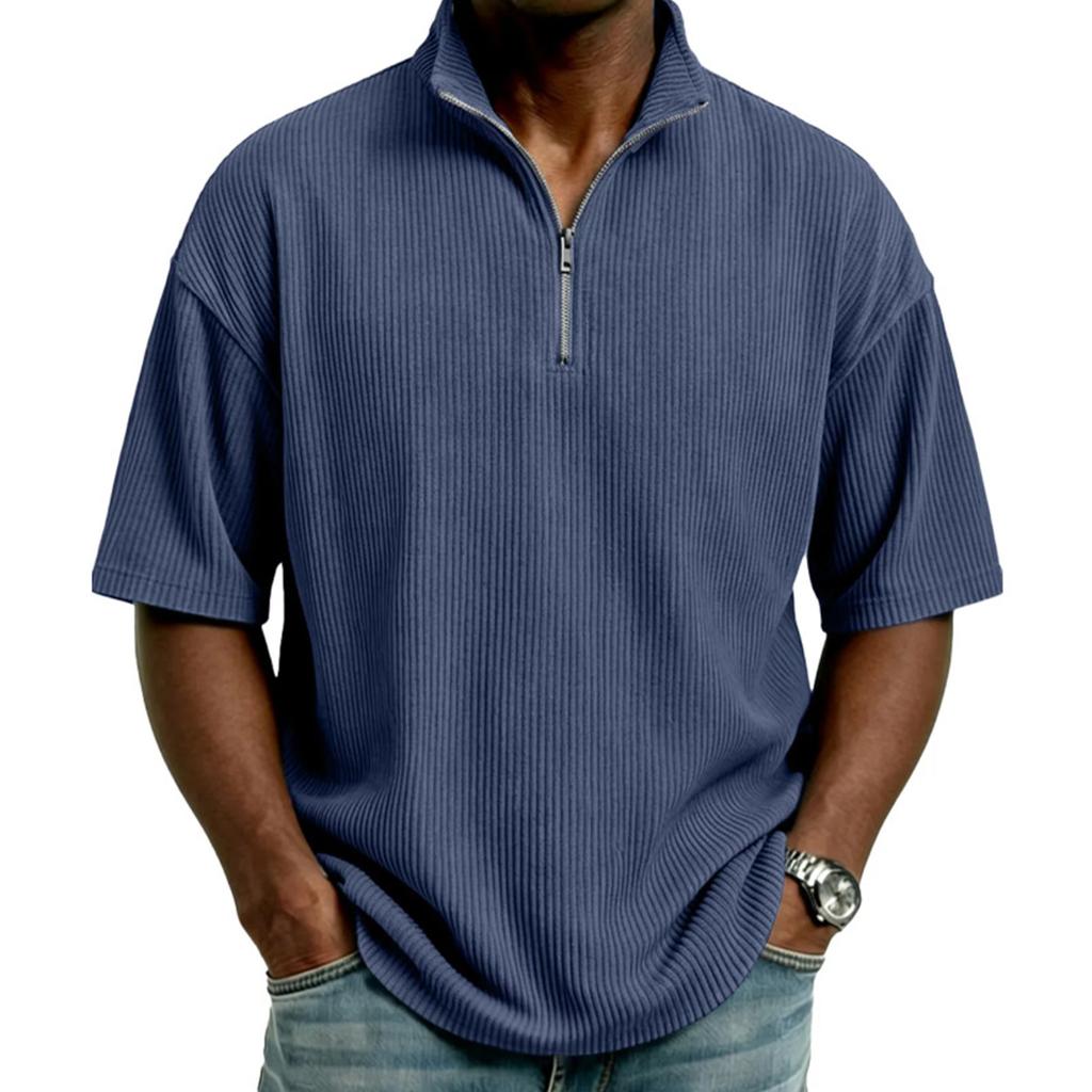 Men's Half,zip T,shirt, Corduroy Short,sleeved Shirt, Summer Loose Casual Color Top