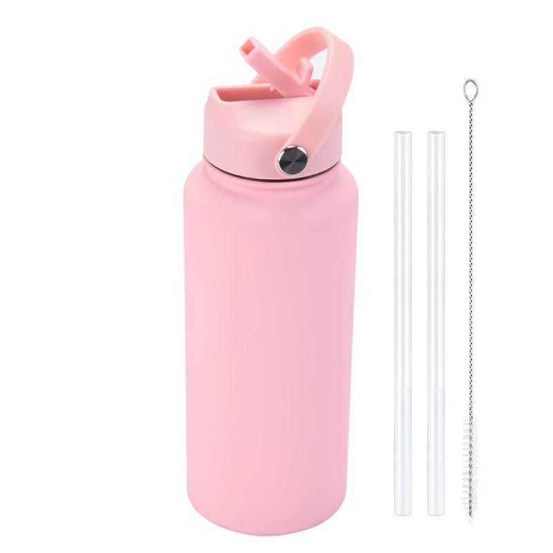 1L Stainless Steel Vacuum Insulated Water Bottle With Handle Straw Lid Outdoor Sports Travel