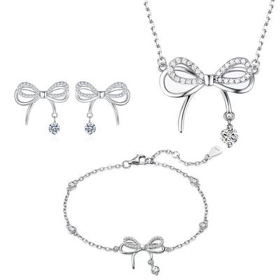 Butterfly Dream Flexible Bow Pendant Necklace Female Niche Light Zircon Stud Earrings/Bracelets Three-Piece Set Decorations Female Fashion
