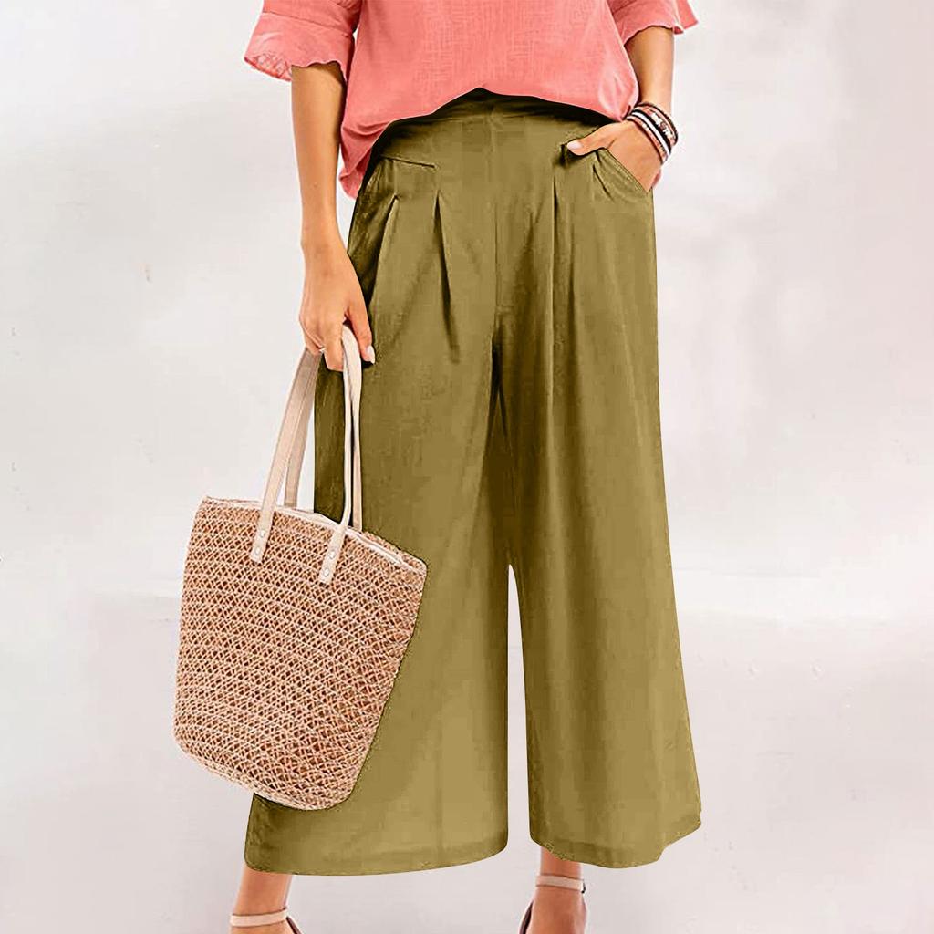Women's Casual, Stylish, Loose-fitting, High-waisted, Cropped Cotton-linen Wide-leg Culottes