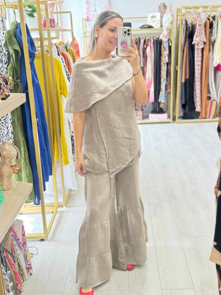 Women's Asymmetrical One Shoulder Top with Flared Wide Leg Pants Set in Multiple Colors
