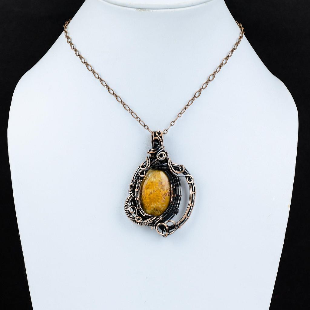 Fossiler Korallen Anhänger Kupferdraht gewickelt Anhänger Edelstein Kupfer Schmuck Handgefertigter Anhänger Fossiler Korallen Schmuck Verlobungsgeschenk Frauen Anhänger