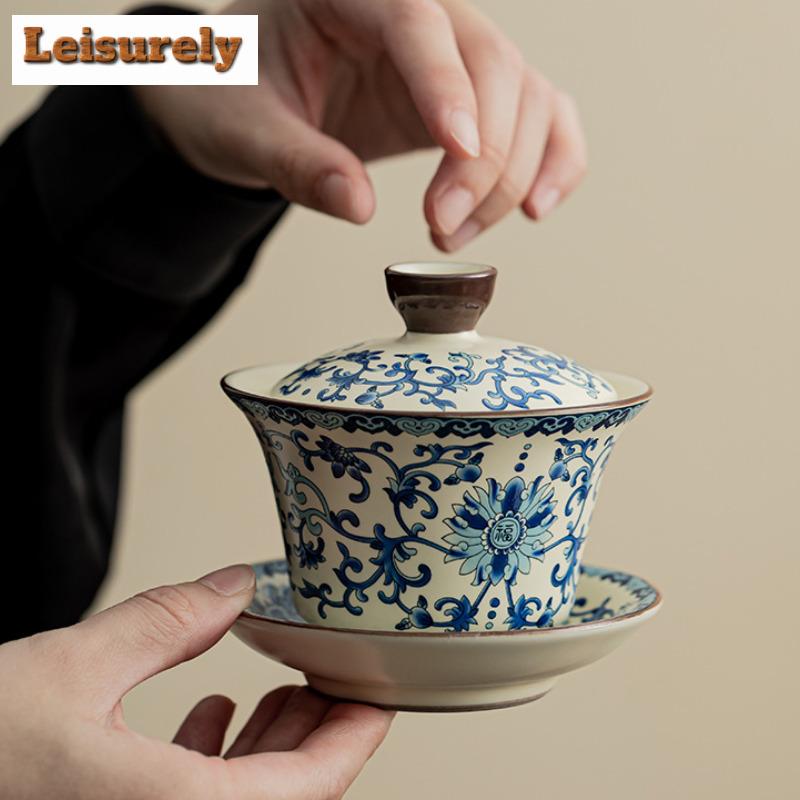 150ml Retro Ru Kiln Porcelain Gaiwan Modrobílý Požehnání Tři Talenty Čajová mísa Víko na čaj Miska Čajové Servisy Řemesla