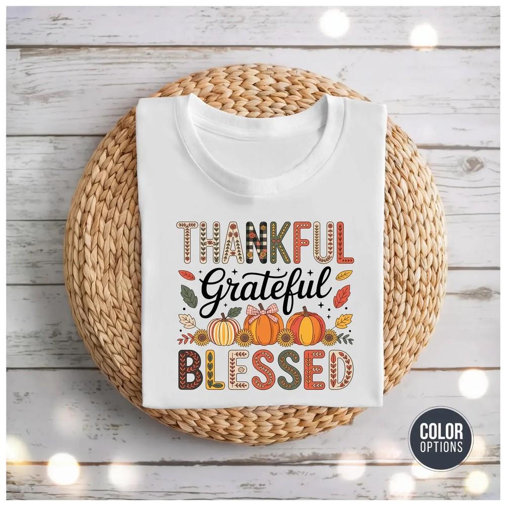 Thankful Grateful Blessed Fall Graphic Tee - Thanksgiving Shirt Unisex T-Shirt M