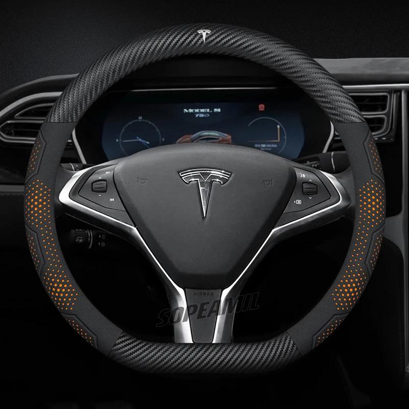TDMC1 For Tesla Roadster Model 3 Model Y Model S Model X Car Leather Carbon Fiber Anti-Slip Protector Steering Wheel Cover Accessories