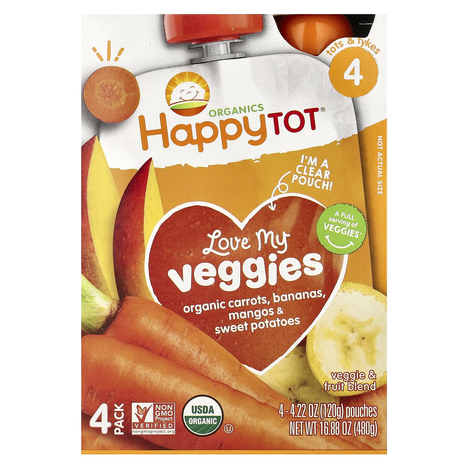 

Happy Family Organics, Happy Tot, Love My Veggies, Морковь, Банан, Манго и Сладкий картофель, 4 пакетика - 120 г (4.22 унции) каждый
