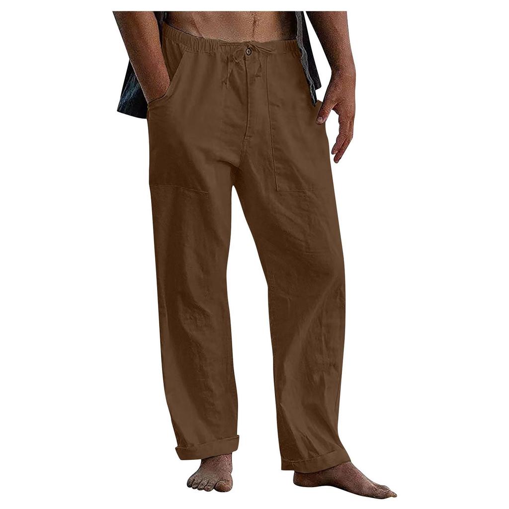 Men's Linen Trousers Loose Casual Summer Stretch Waist Drawstring Loose Trousers KTB