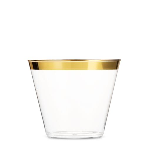 100 9 Oz Gold Plastic Cups, Clear Plastic Cups, Old Fashioned Tumblers, Gold Rimmed Cups, Fancy Disposable Wedding Cups, Elegant Party Cups with Gold
