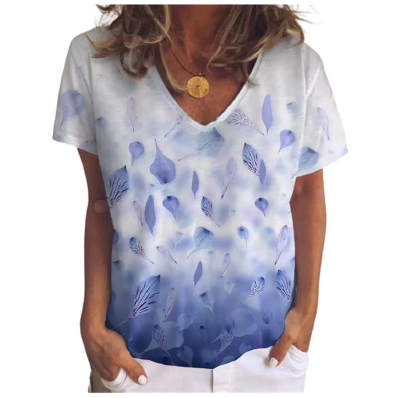 Summer V-neck 3D Gradient Leaf Printed Top Fashionable Casual Short Sleeved Women's T-shirts