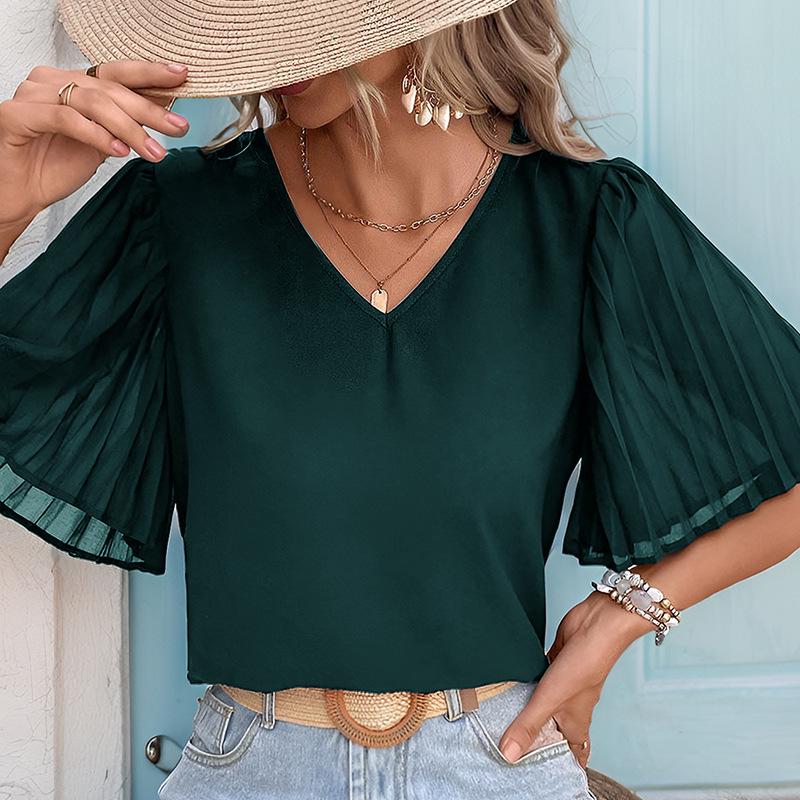 2025 New Solid Color Pleated Short-sleeve Women's Summer Shirt - European & American Style