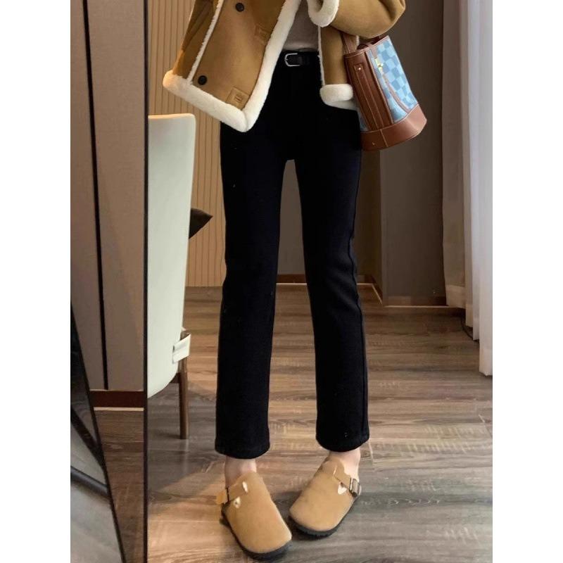 Black Straight Jeans Women's Velvet Autumn and Winter, New High-waisted and Thin Pear-shaped Body Pipe Pants