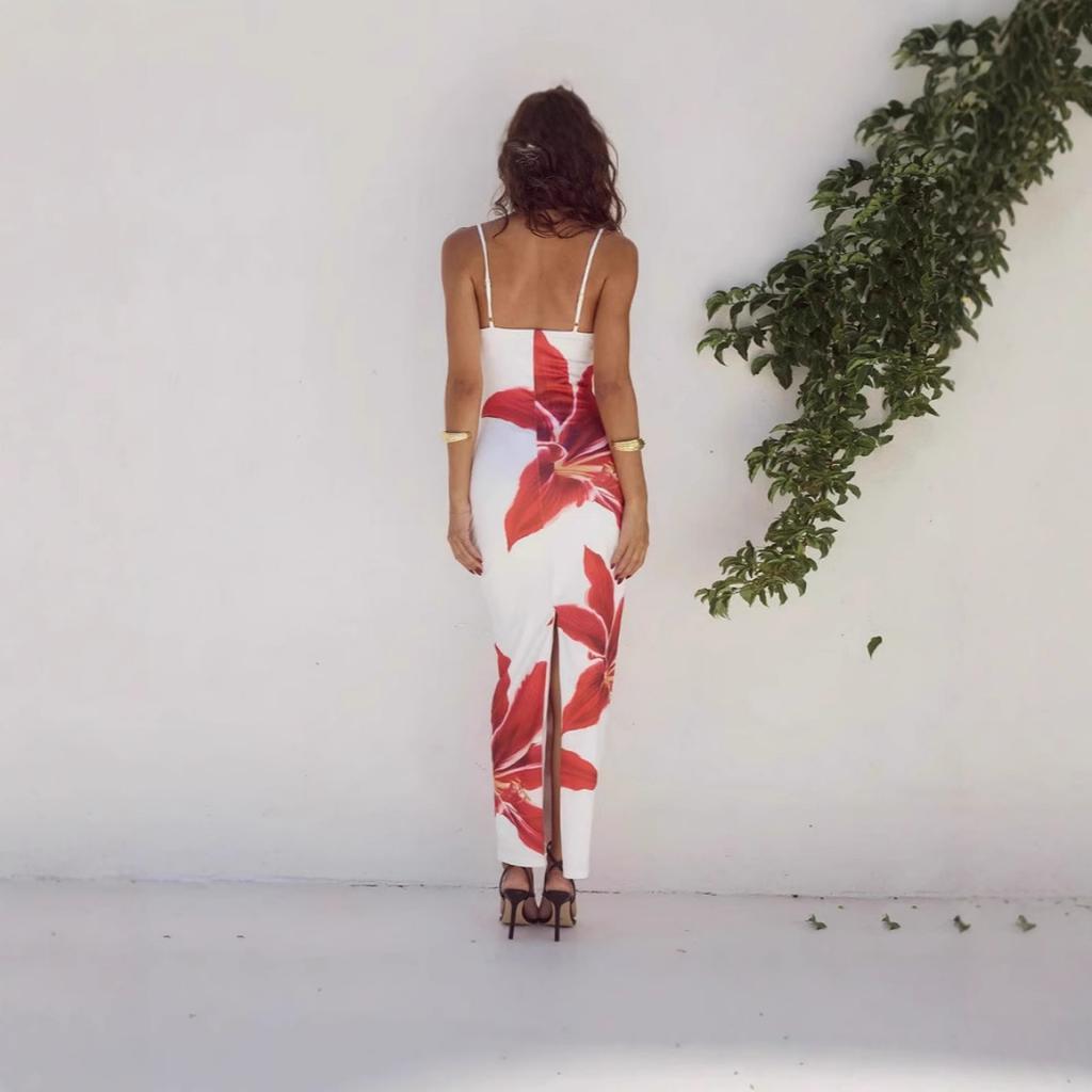 Spring Summer Fashion Women's White Background Red Flower Dress for European American Crossborder