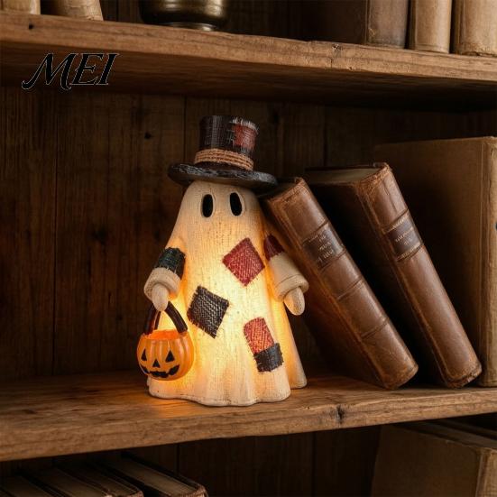 Rustic Fall Home Decor Lighted Patchwork Ghost Resin Figurine with Pumpkin Lantern, Farmhouse Style Halloween Thanksgiving Table Decorations Tabletop