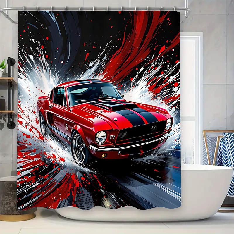 Speed Passion Red Mustang Shower Curtain for Bathroom - Vintage Car Design with Dynamic Splash Effect Waterproof  Durable