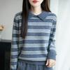 Small Lapel Color Block Stripe Wool Sweater - Autumn/Winter Long Sleeve Slim Fit Pullover for Women