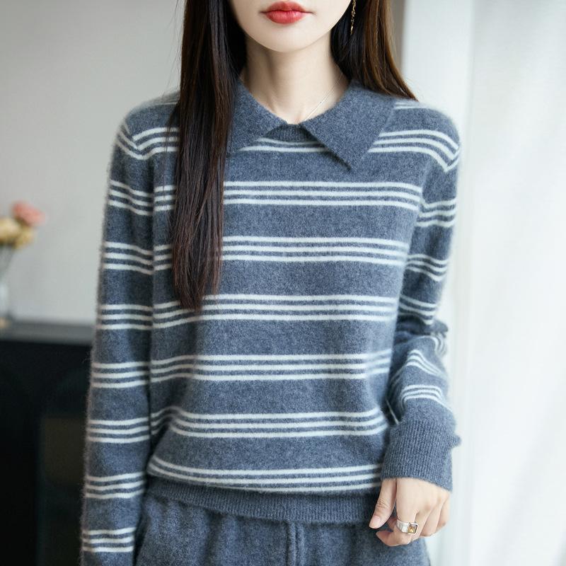 Small Lapel Color Block Stripe Wool Sweater - Autumn/Winter Long Sleeve Slim Fit Pullover for Women